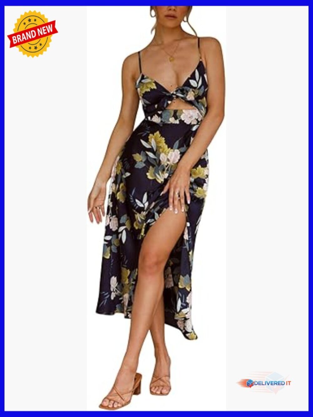 Spaghetti Strap Satin Midi Dress Backless Tie Front Slit Cutout Flowy